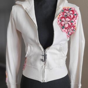 JOY JEANS Women's White Distressed Zip Front Hoodie with Pink Floral Patchwork